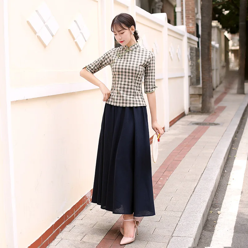 traditional chinese style cheongsam set vintage plaid tops+blue skirt