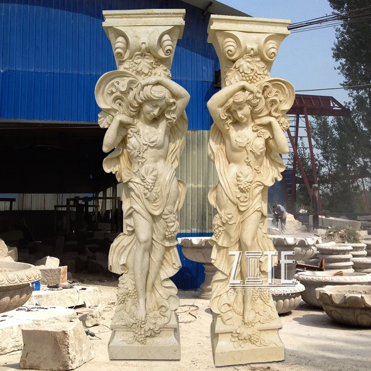 Садовая декоративная уличная белая мраморная колонна с фигуркой