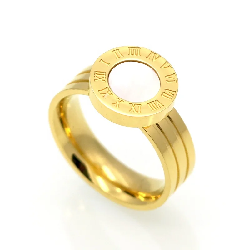 Popular 18K Gold plated Color round Roman Numerals Rings Hot sell Fashion Stainless Steel Women Party Ring