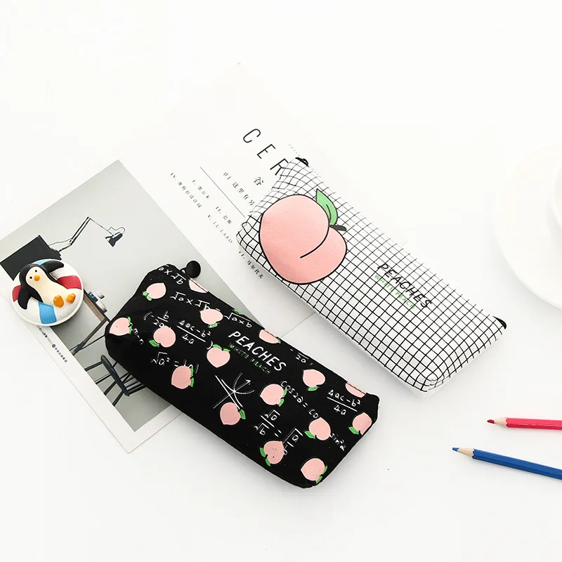 Korea stationery cute kawaii fruit peach style zipper lock canvas pencil case bag for school kids