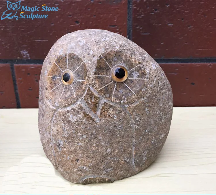 Small Stone River Rock Statue Owls Granite Sculpture