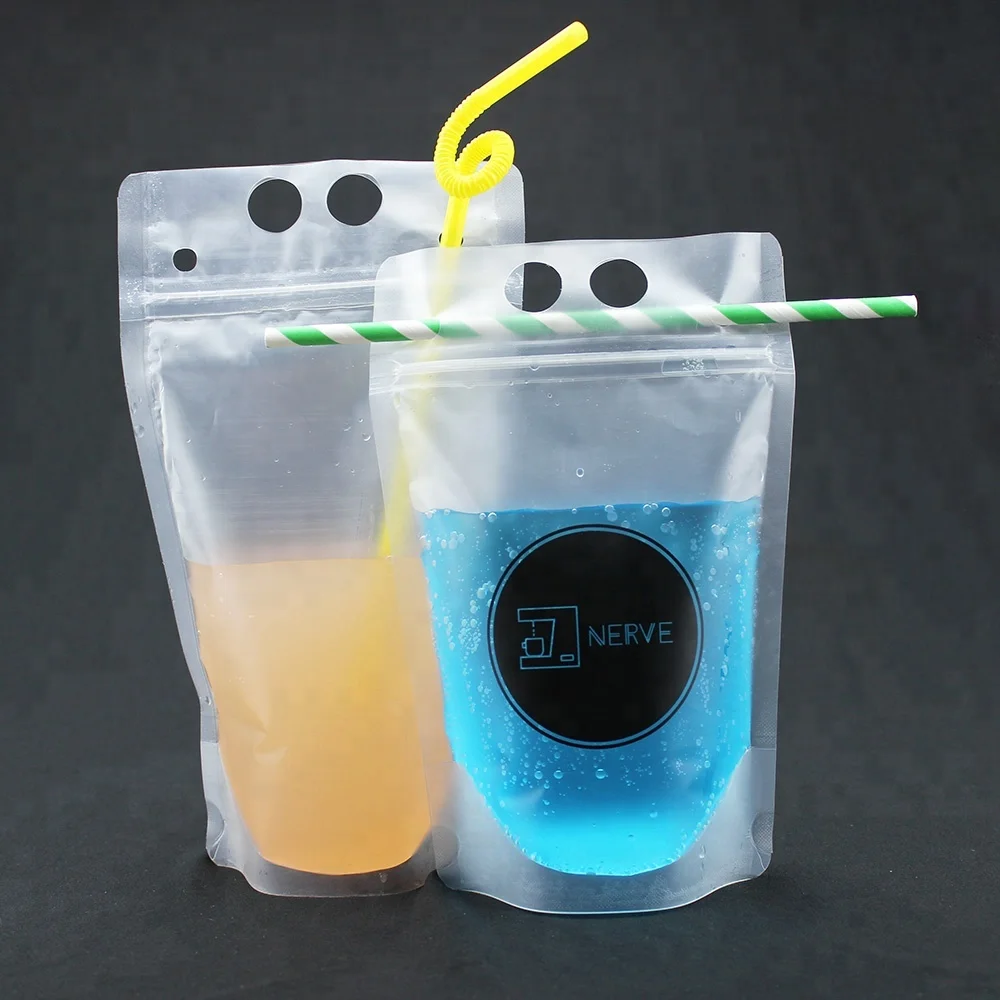 Customized Reusable Clear Ziplock Liquid Drinking Beverage Bag With Plastic Straw Stand Up Reclosable Zipper Clear Drink Pouches
