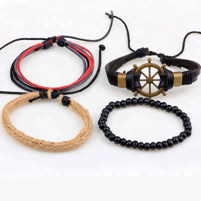 Nautical Rudder Charm Bracelet Leather Rope With Handmade Multiple Combination Leather Bracelet Set