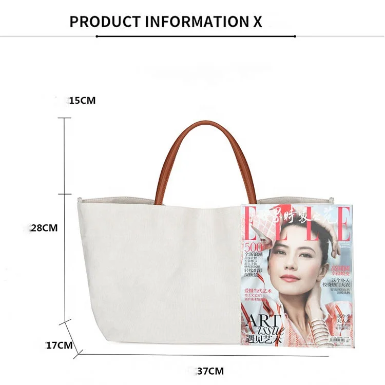 Heavy Duty Blank Women Shoulder Tote Beach Bag Canvas With Leather Handle