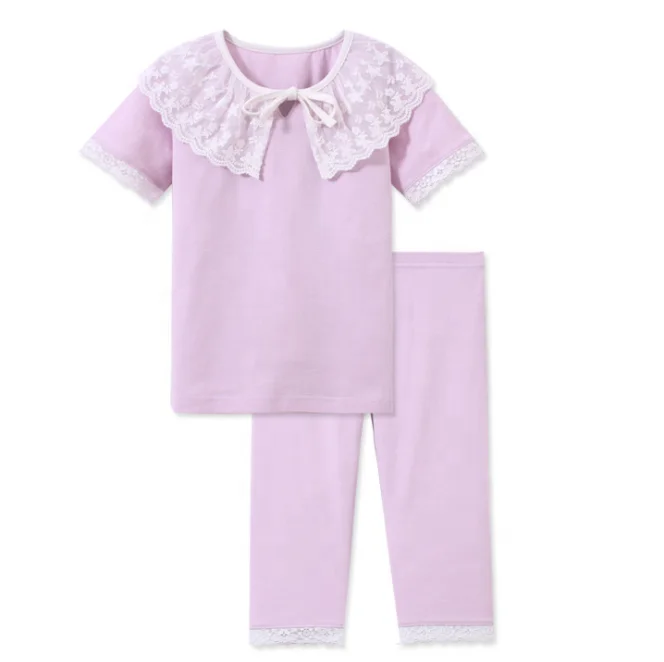 Летний комплект из 100% хлопковой пижамы для девочек с кружевом в стиле пэчворк
