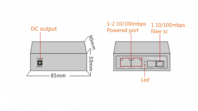 12v mini 2 port reverse poe switch with 1 fiber sc uplink