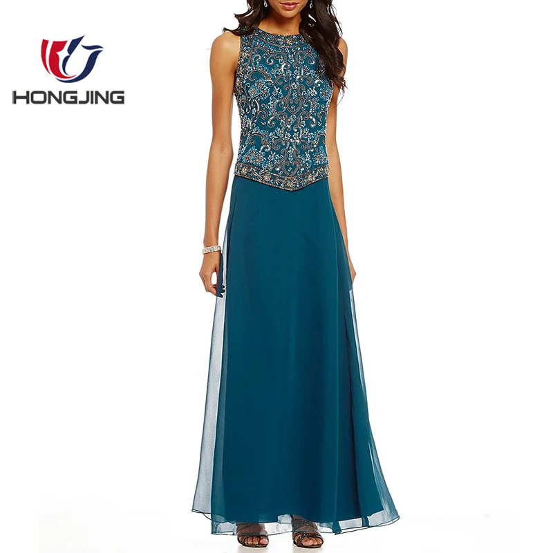 women wear Chiffon teal/multi sleeveless mock 2-piece gown hand-beaded on the V-hem bodice over fully lined wedding prom dress