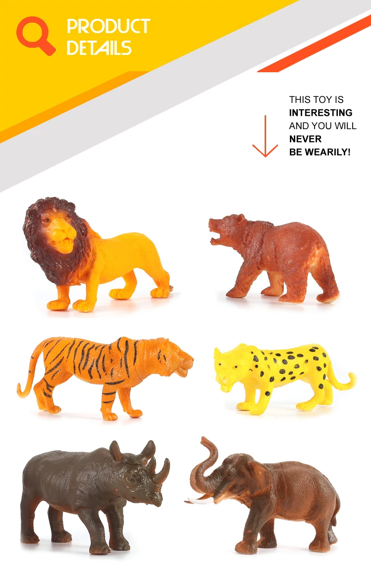 Kids 3d zoo 6pcs fiercely wild small rubber animal toys for sale