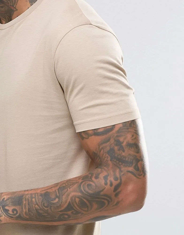 
Custom Cotton Tee Super Longline T-Shirt With Curved Hem And Side Zips In Beige 