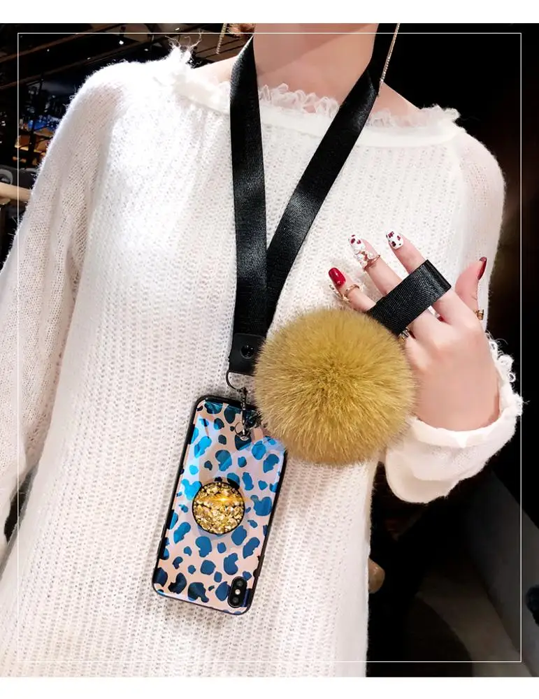
Luxury Leopard Fur Ball Girls Case Soft Bumper with Stand Holder/Wrist Strap For Iphone Xs Pro Max Case 