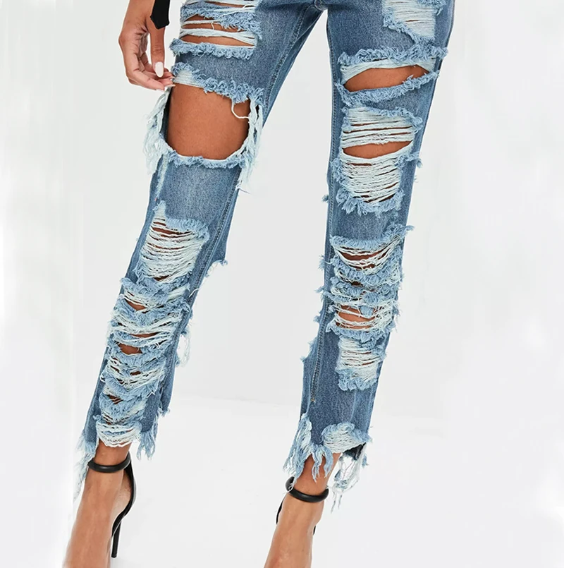 Fancy girls stylish scratch trousers guangzhou female women ripped destroyed denim damaged jeans
