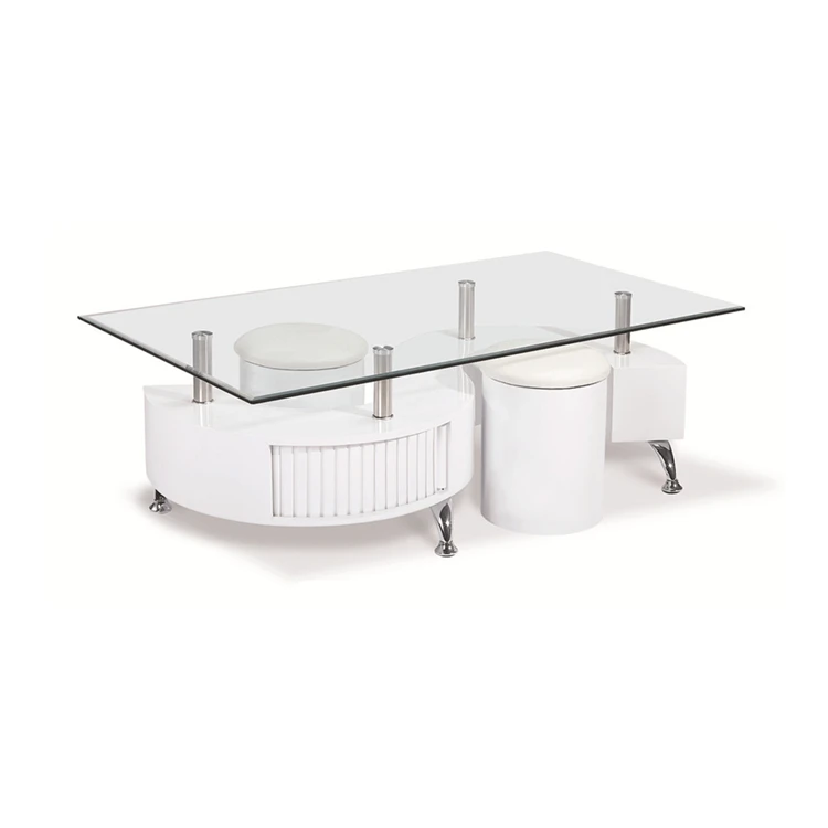 Mid-Century Modern Styling MDF High Gloss Painting S Shape Frame Top Glass Coffee Table with 2 Stools