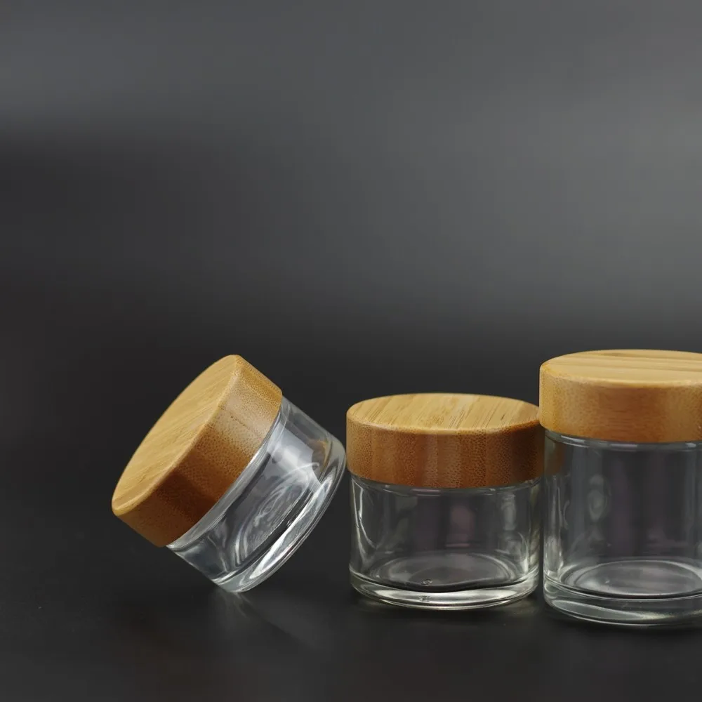 30ml 60ml 100ml 120ml clear glass jar with child resistant real bamboo lid packaging for cosmetic cbd oil