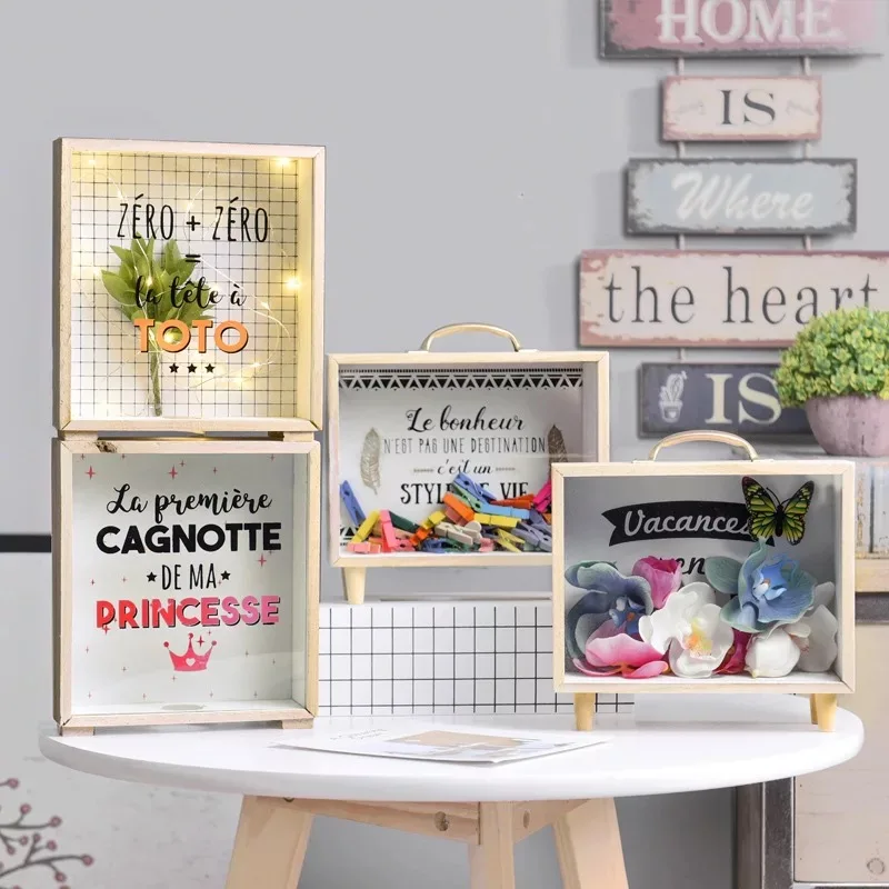 Wooden money saving box acrylic money box with DIY picture