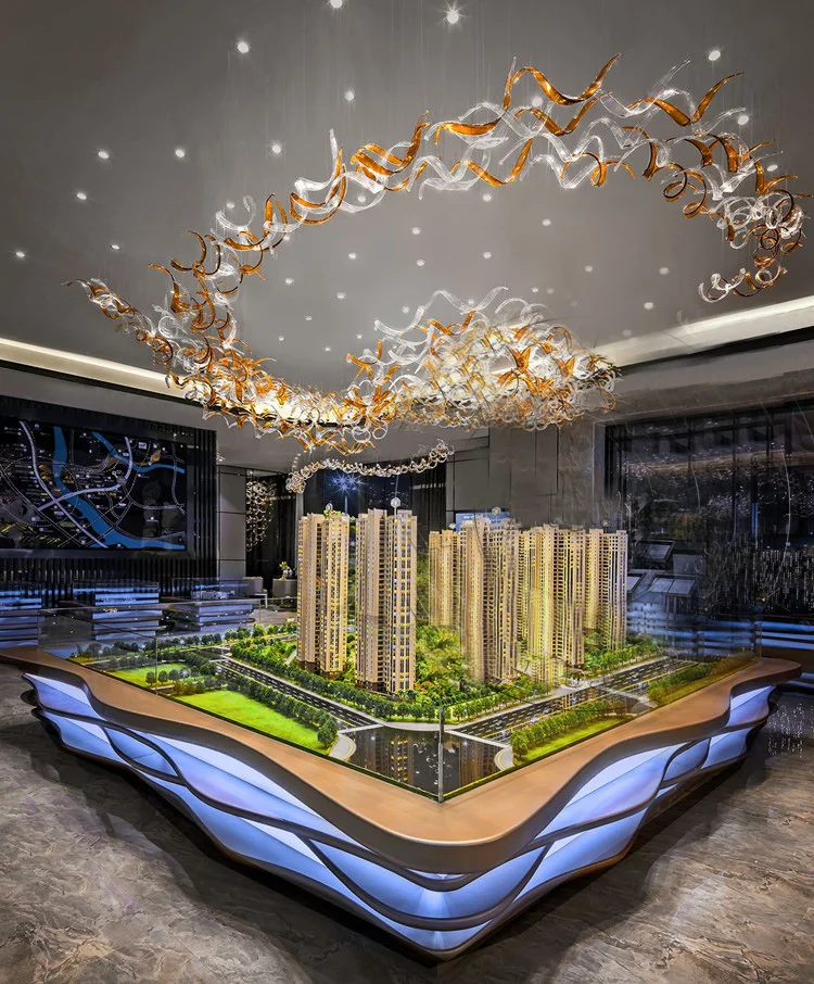 Large Project Ceiling Pendant Lamp ODM Hall Lighting Luxury Murano Glass Ribbon Chandelier