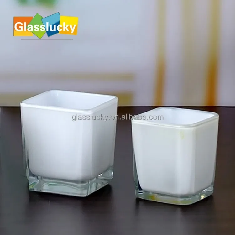 wholesale white glass square candle holder, colored glass candle container