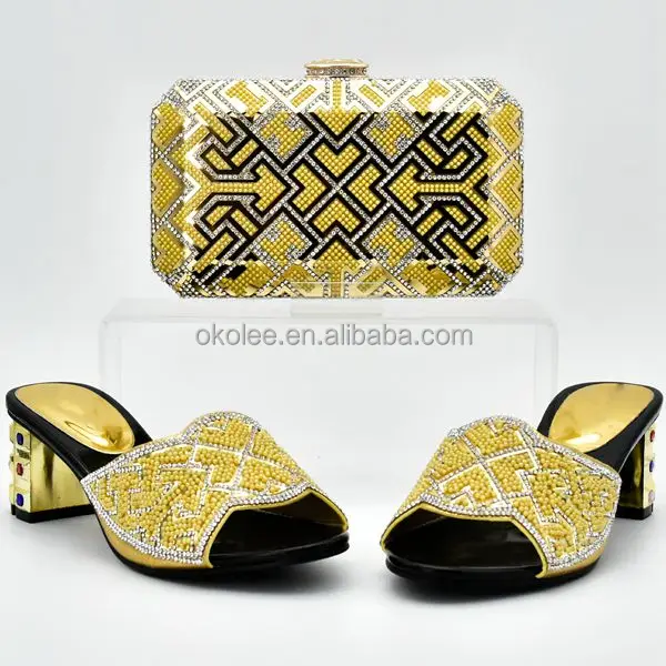 KB6015 NIgerian style Bridal wedding shoes match bag 2018 popular gold crystal slipper and bag