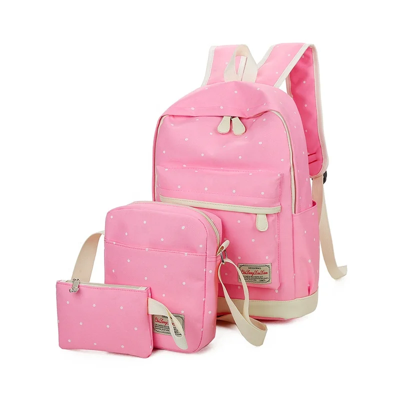 2024 Korean style pink nylon wholesale school bags  school backpack set 3 in 1 printed book bag for girls student school bag