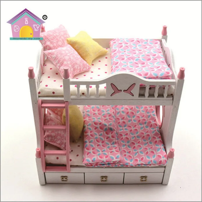 Children furniture bunk bed pink dolls house furniture mini toy doll house furniture 1/18 scale cheap