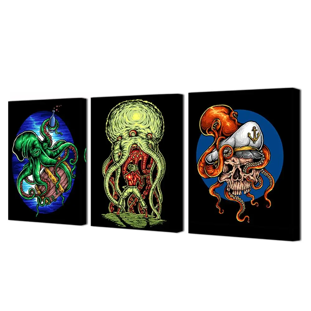 Octopus Tentacles Cool Posters Canvas Prints Beer Barrel Bottle in The Deep Blue Sea Boys Room Decor (12x16inchx3P