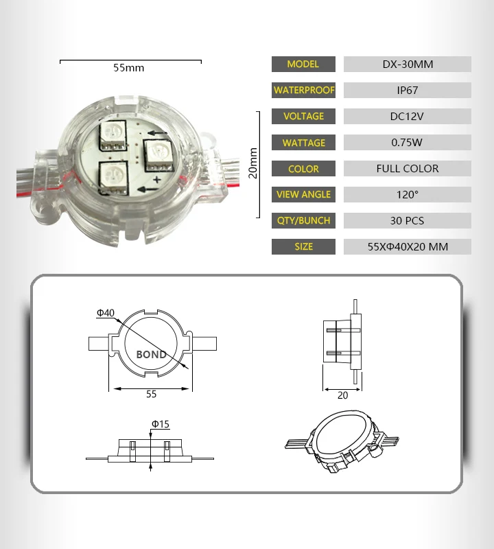Programmable 30mm rgb pixel led ucs 1903 t1000 led pixel controller for point pixel light module
