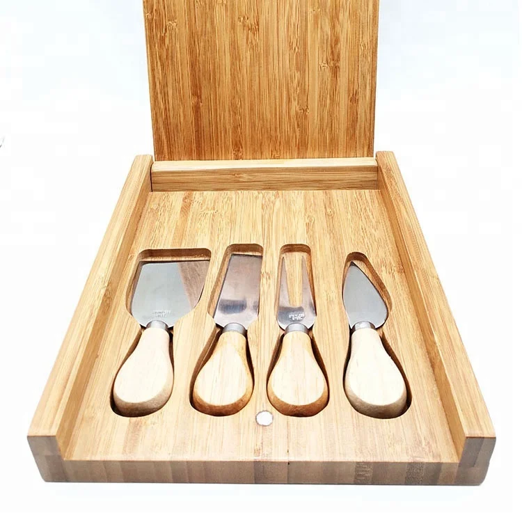 
natural bamboo cheese cutting storage box with 4pieces knife set 