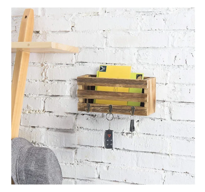 Country Rustic Crate-Style Wall Mounted Mail Sorter with 3 Key Ring Hooks
