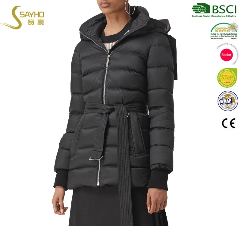 New design women winter down insulated puffer jacket with waist belt
