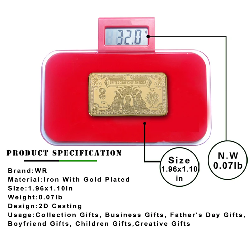 Wr best selling 999.9 gold plated coin collection gifts 24k gold bar usd 2 dollar bill