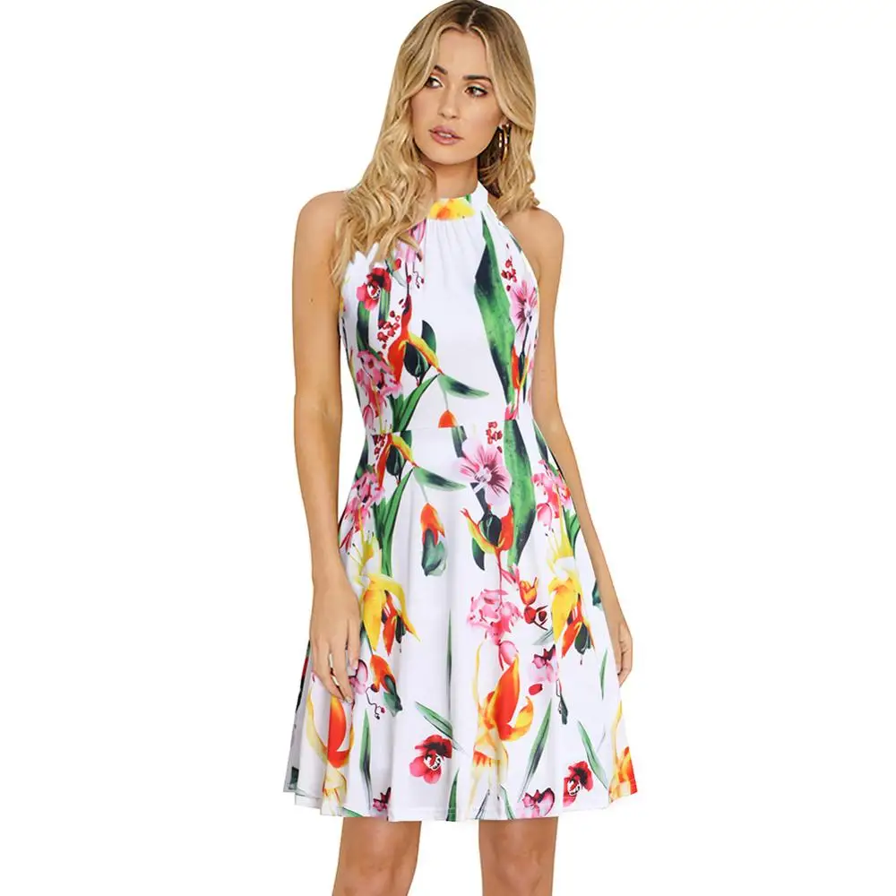 
womens Distinctive Tie dyeSleeveless Halter Print Mini Skater Dress 