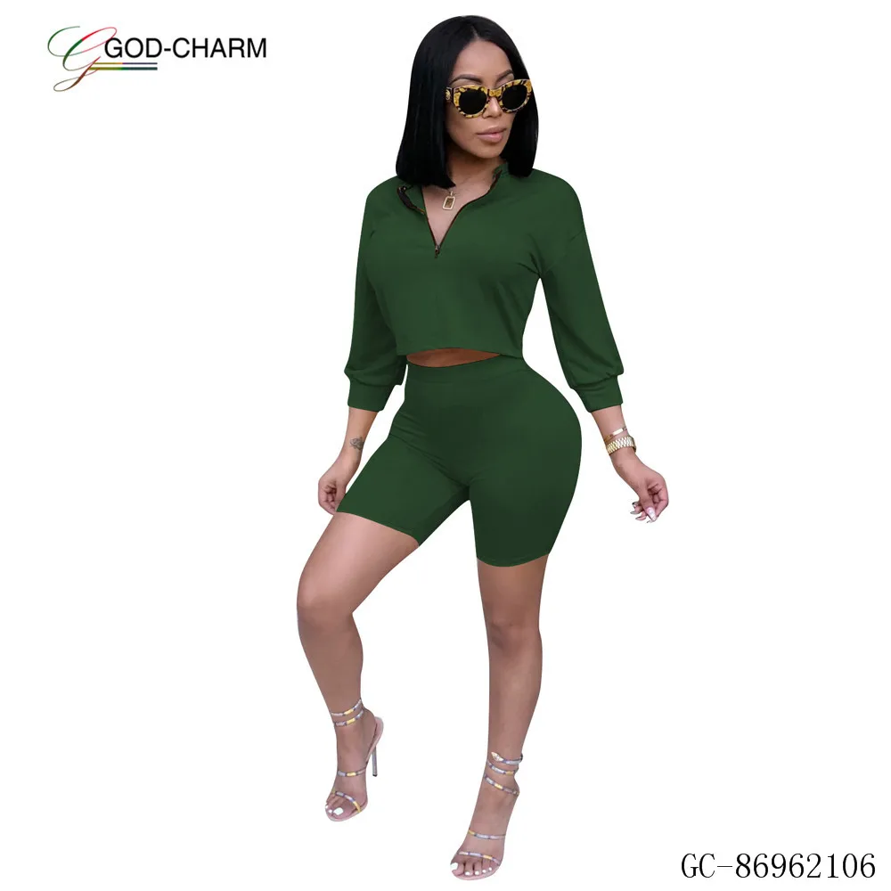 *GC-86962106 2020new Wholesale plain color zipper collar long sleeve t shirt and hot shorts two piece set blank women track suit