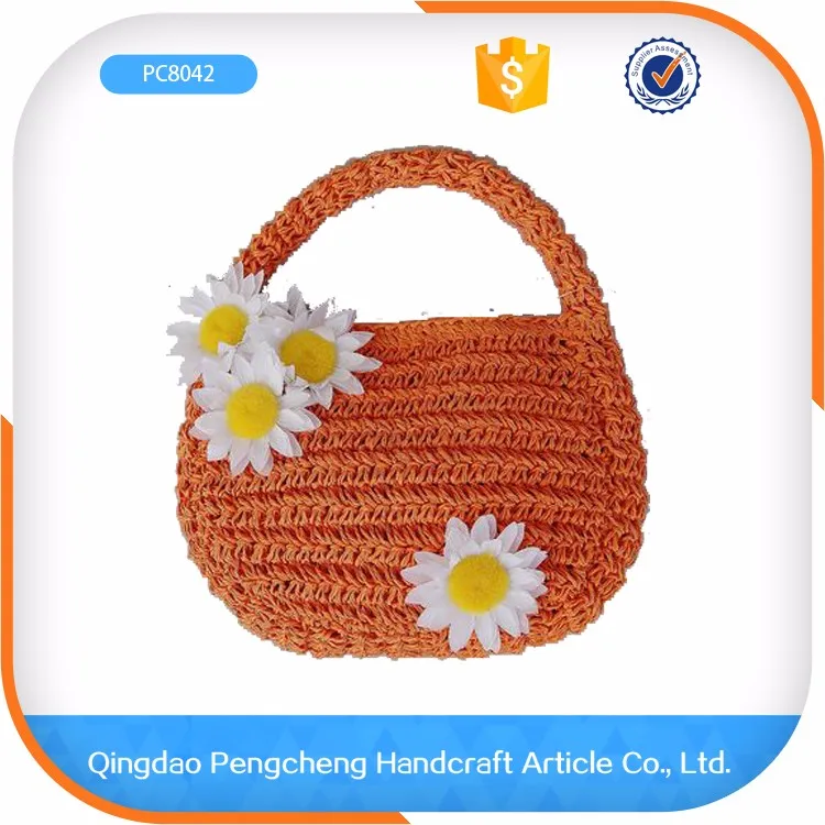 Green color handbag fabric bag paper straw kids handbag crochet beach bag