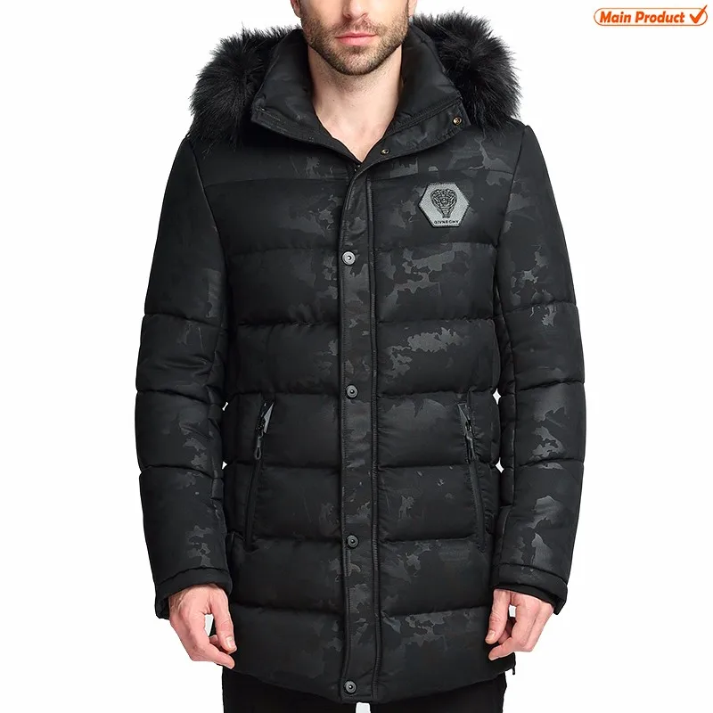 Российских мужчин парка с капюшоном на меху Мужская парка капюшон дополнен отстегивающимся искусственным мехом пальто мужской