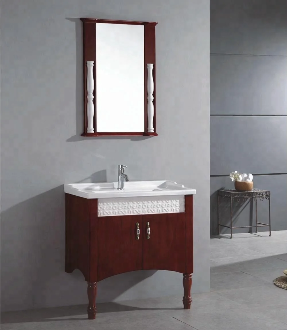 Sanitary ware oak ceramic base wash basin mirror cabinet oak vintage bathroom vanity cabinet