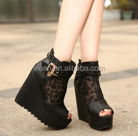 
2015 high heel wedge sandals black peep toe 