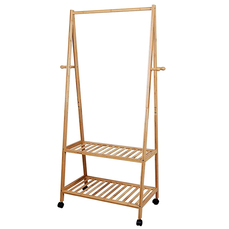 Rolling Bamboo Garment Clothes Rack