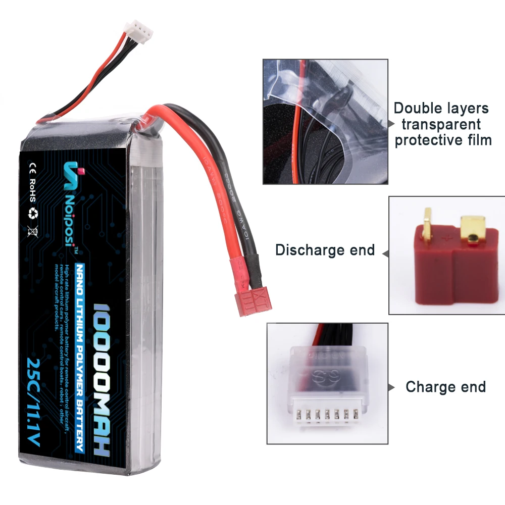 High Capacity 10000mAh 3S 20C Rechargeable RC LiPo Battery 11.1V 10AH for Larger RC Drone UAV Quadcopter