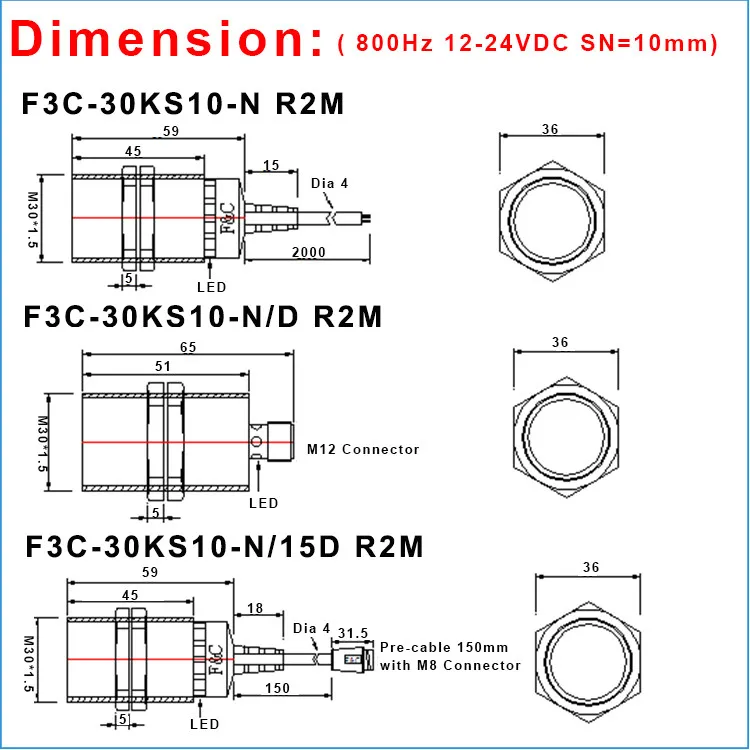 DC 3 Wires Shielded 30mm Inductive Sensor Price 10mm Sensing 12Volt