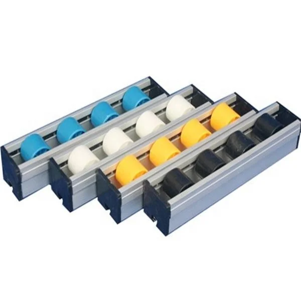 Conveyor roller track for sliding shelf system assembly line