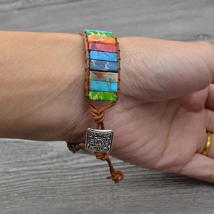 Chakra Multi Color Natural Stone Tube Beads Leather Handmade Bracelet