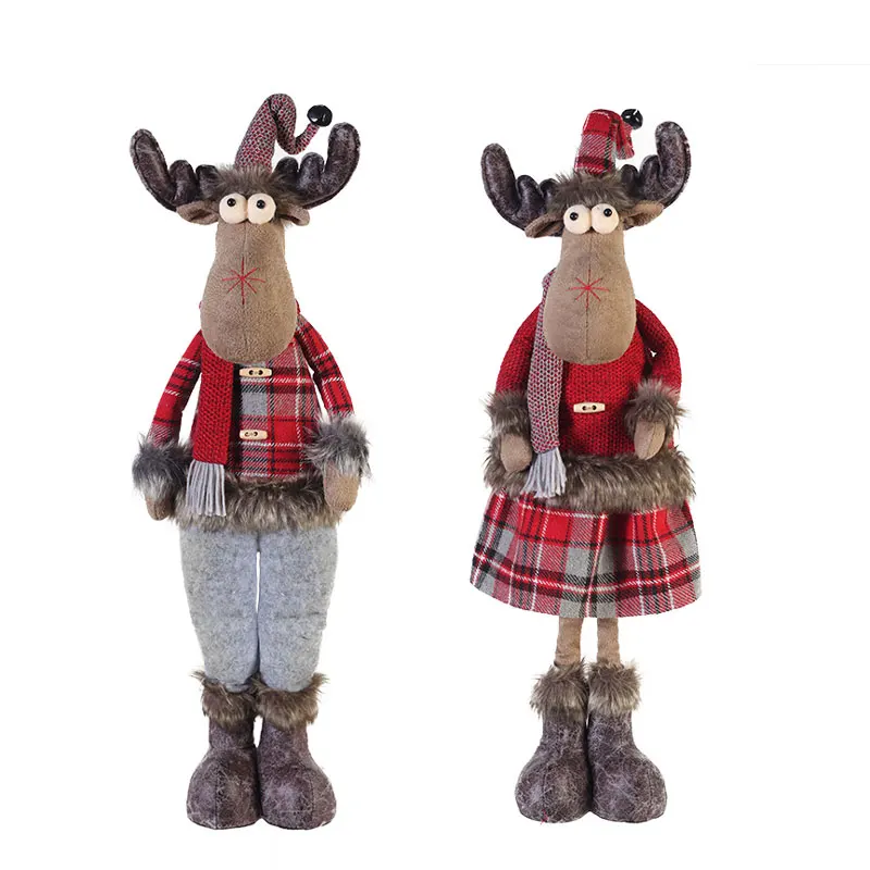Boy and girl holiday indoor decoration 28 inch standing red tartan fabric plush figurines christmas reindeer