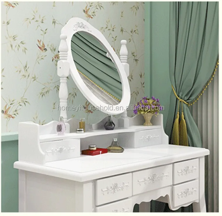 
French Country Chic Style Washed White Swivel Vanity Dresser Table Mirror 