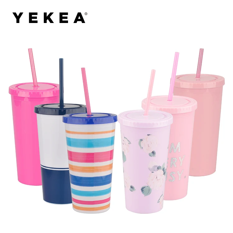 Factory Price 20 Oz Custom Printed Double Walled Acrylic Plastic Drinking Tumbler With Straw