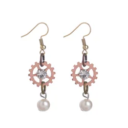 Fashion Ethnic Round Gears Crystal Pearl Dangle Earrings For Women Steampunk Ear Vintage Gold Silver Steam Punk Jewelry