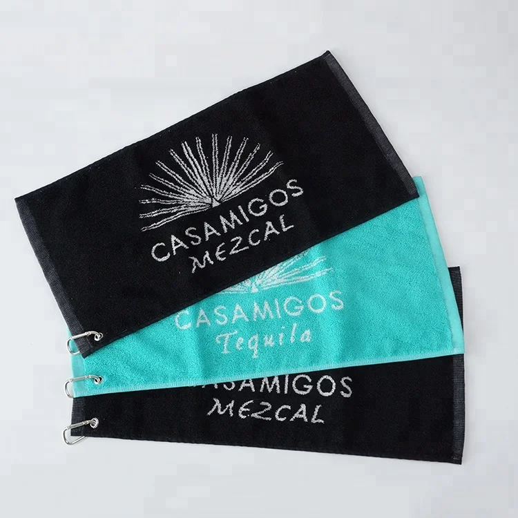100% cotton Yarn dyed jacquard logo woven sport face towel custom black golf gym hand towels with grommet hooks