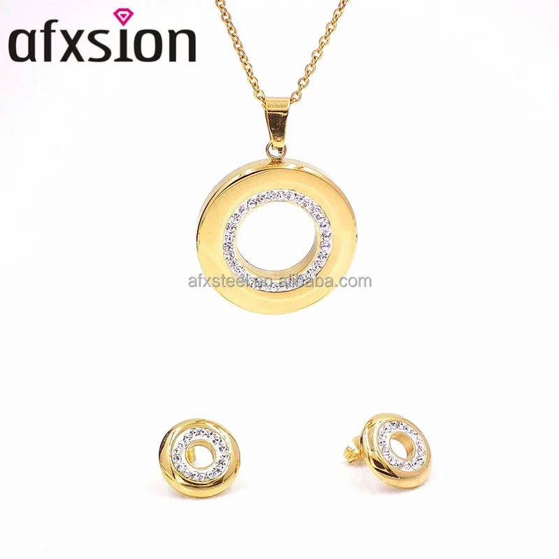 Dubai gold fashion jewelry sets 18K gold plated diamond circular stainless steel jewelry sets for female