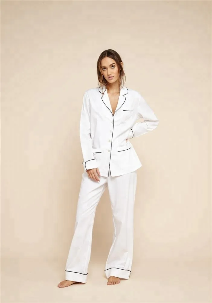 Wholesale Winter Women Long Sleeve Custom Made Two Piece White Knit Cotton Pajamas