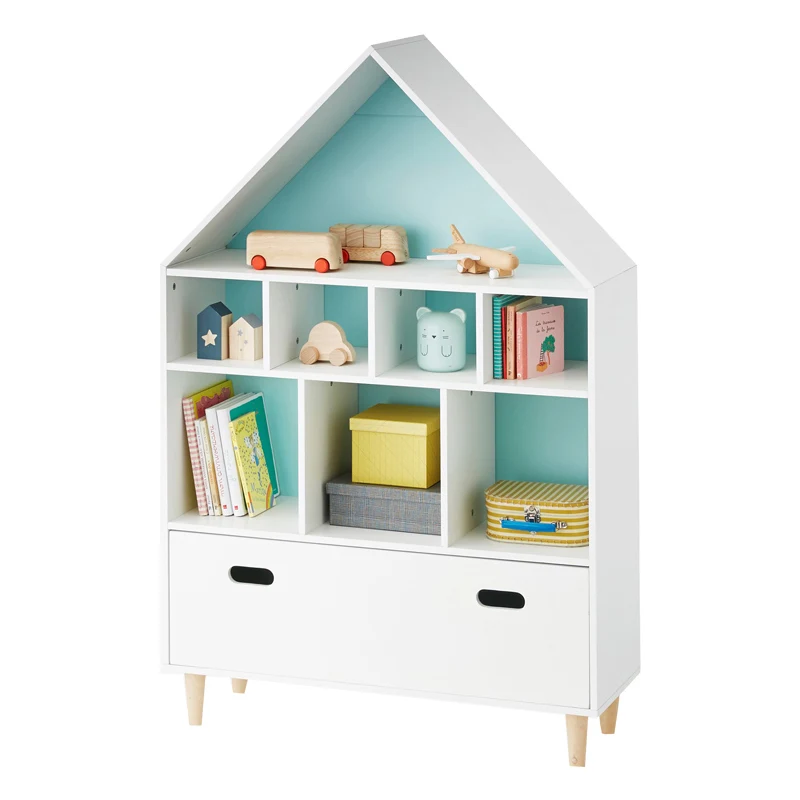 
White House Shaped Solid Wooden MDF Bookcase Multifunction Shelf With Drawers Furniture For Kindergarten 