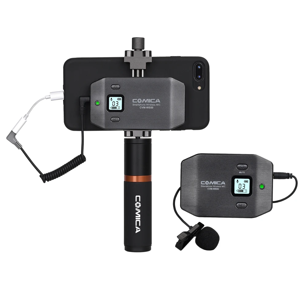 COMICA UHF 6 Channels and 60m Working Distance Wireless Lavalier Microphone for Smartphone with Ordinary Grip and Phone Holder