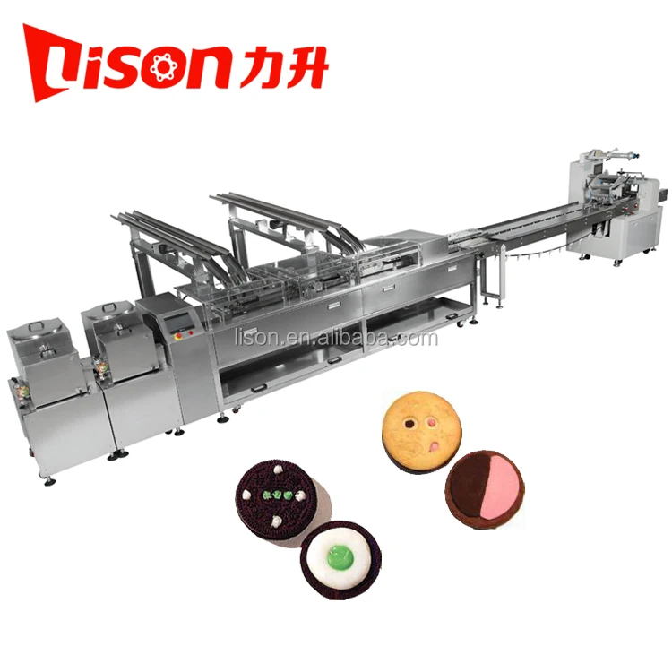 Double lanes double flavors biscuit sandwich machine and pile packing line